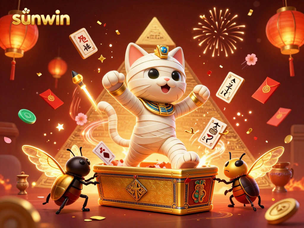 Experience the thrill of sunwin in a vibrant casino scene featuring playful characters and rich visuals.
