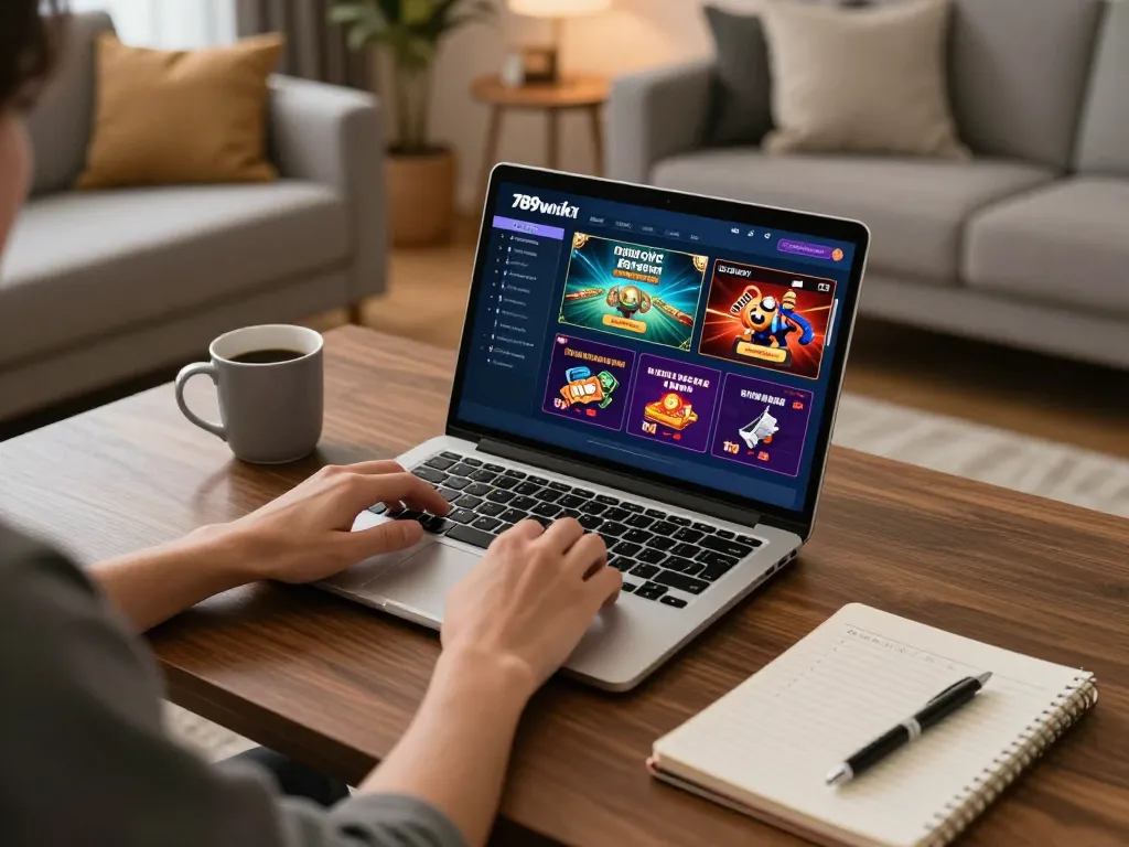 Engaging online gaming scene with 789win link, showcasing a player strategizing bets on a laptop.