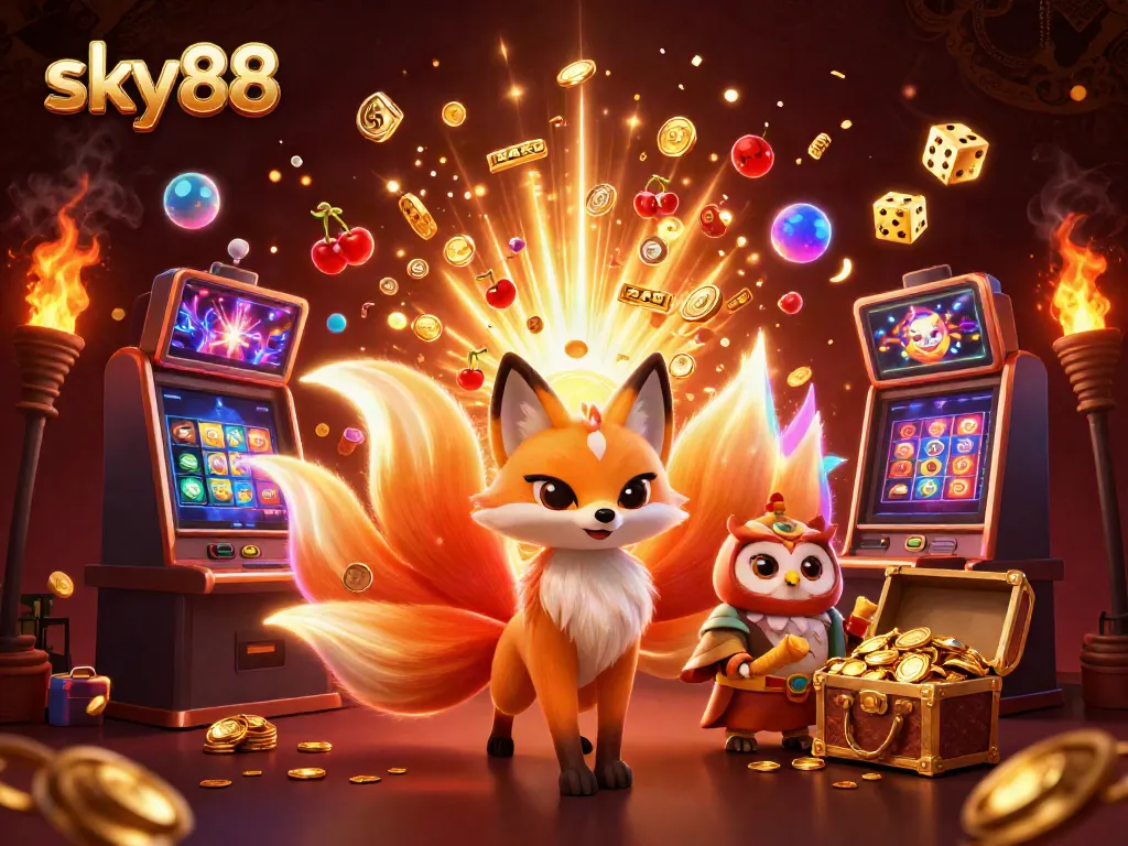 Experience thrilling wins at sky88 with vibrant casino adventures featuring colorful characters and slot machines.
