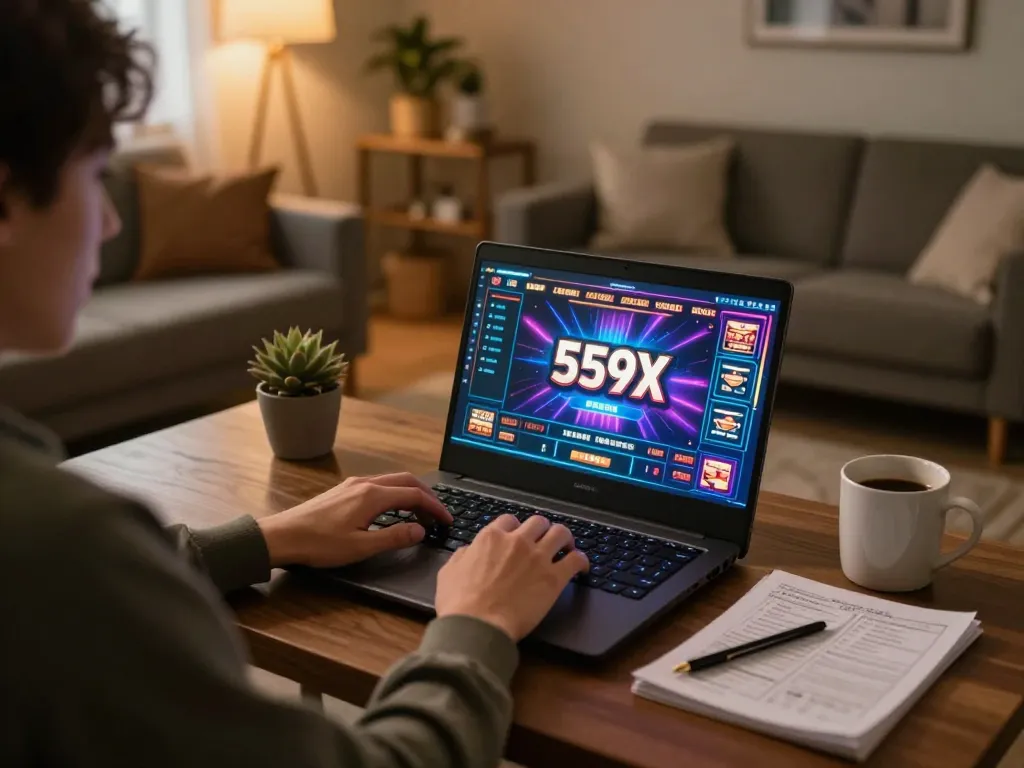 Engaged player enjoying 559X online casino games on their laptop, surrounded by strategy notes and a warm atmosphere