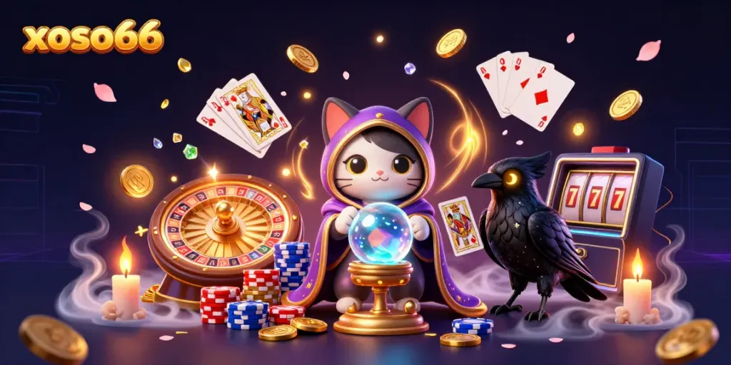 Experience xoso66 with a fortune teller cat, glowing raven, and golden casino elements.