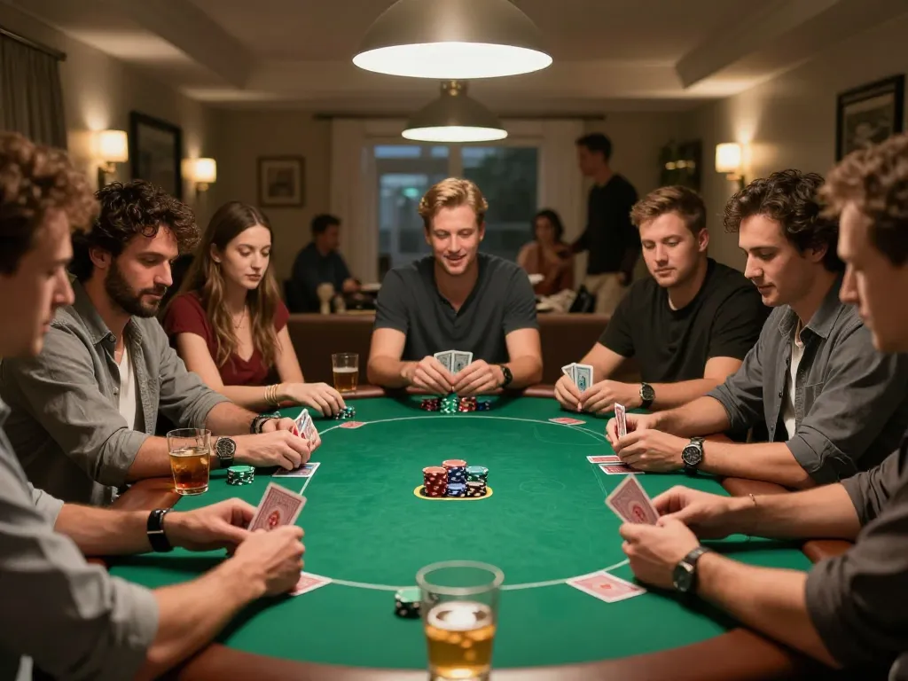 Players enjoying a friendly poker game at home as they strategize for a Go8 win.