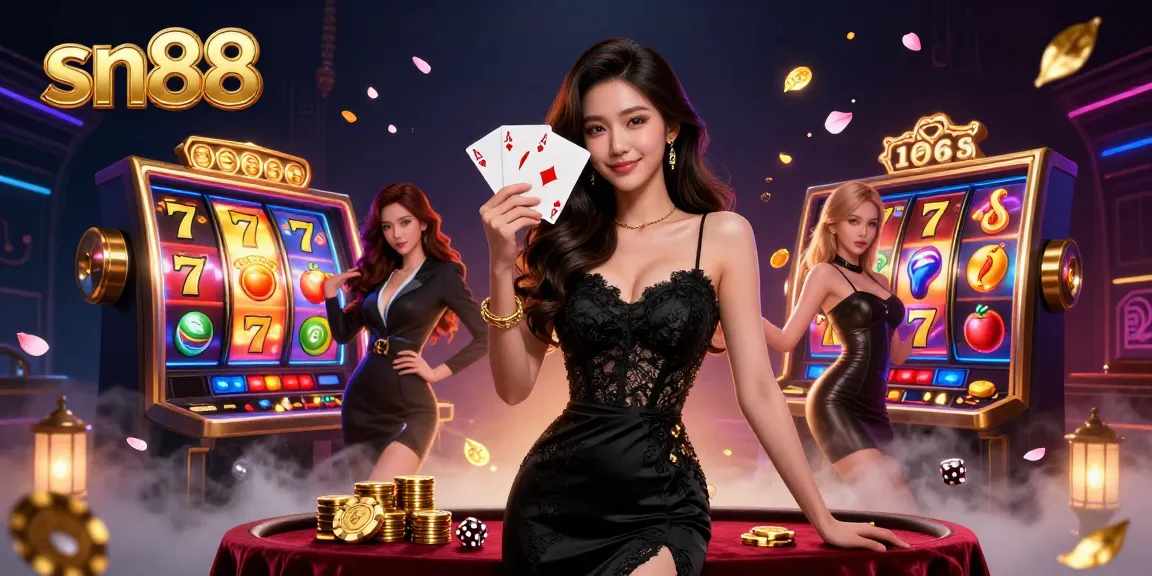 Win big with sn88 in a vibrant casino scene featuring a glamorous Asian woman with playing cards.