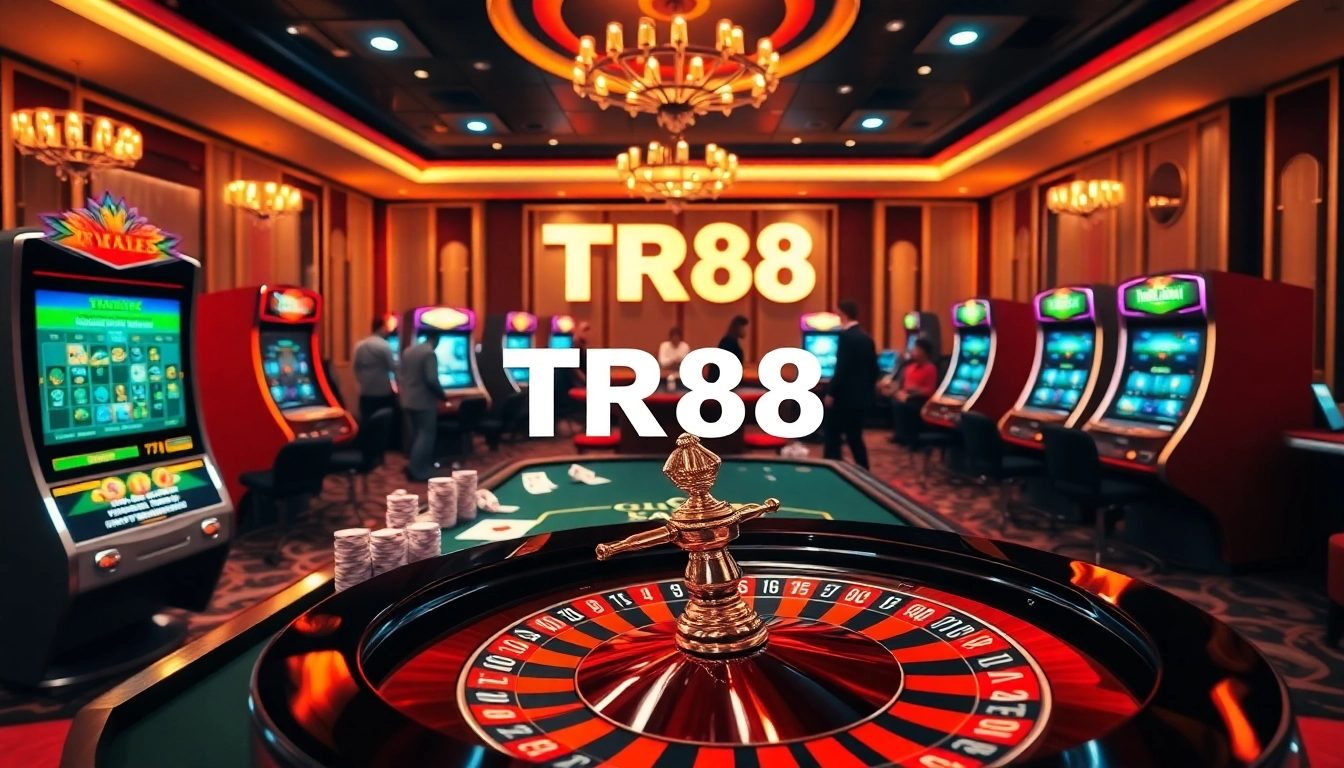 Experience the excitement of TR88 with vibrant poker chips and a roulette wheel in a luxurious casino.