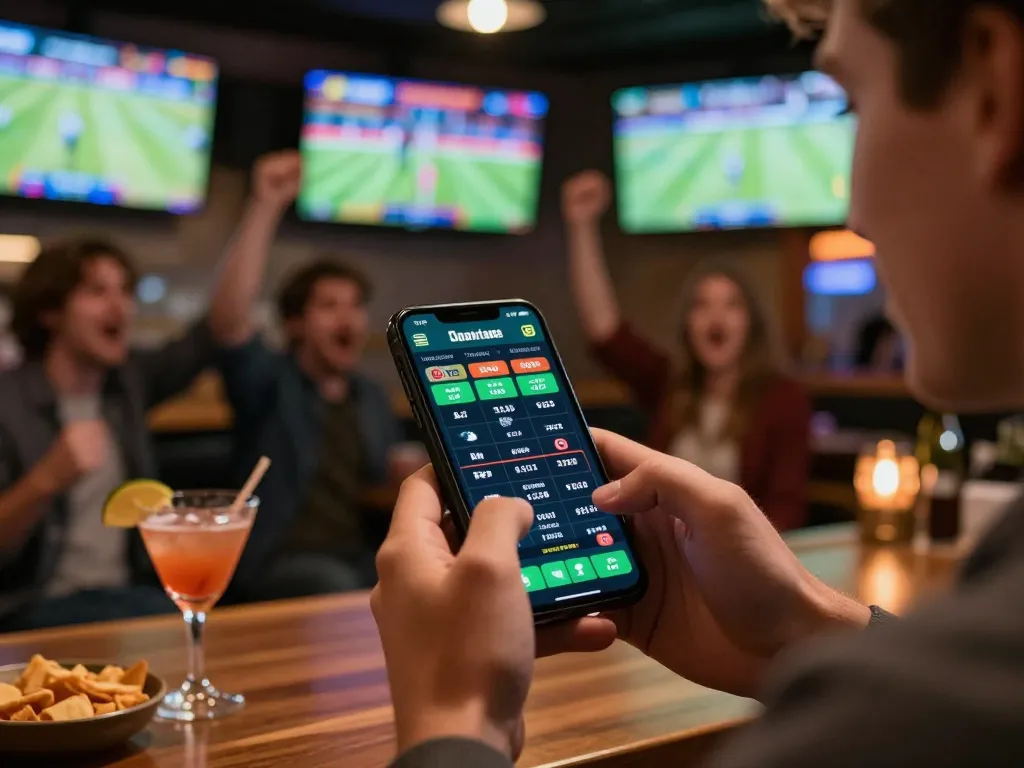 Jogador fazendo apostas no aplicativo móvel 337bet durante evento esportivo ao vivo em um bar esportivo vibrante.