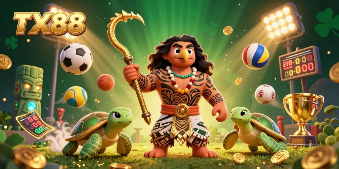 Experience TX88 with a vibrant and dynamic sports betting illustration featuring Polynesian characters.