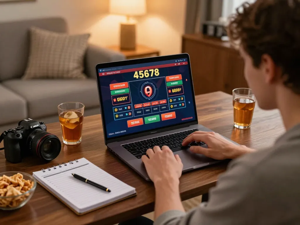 Engaged player enjoying online gambling on 45678 platform in cozy home setting.