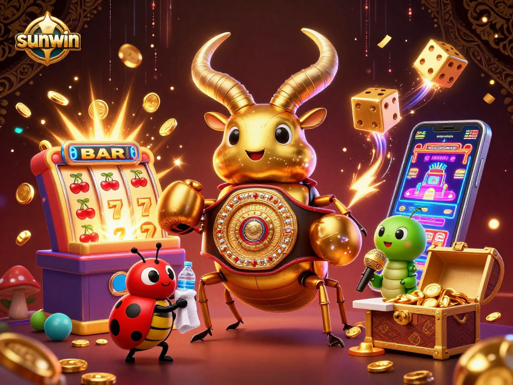 Experience the excitement of sunwin with a vibrant 3D casino showdown including a heavyweight beetle and gaming elements.