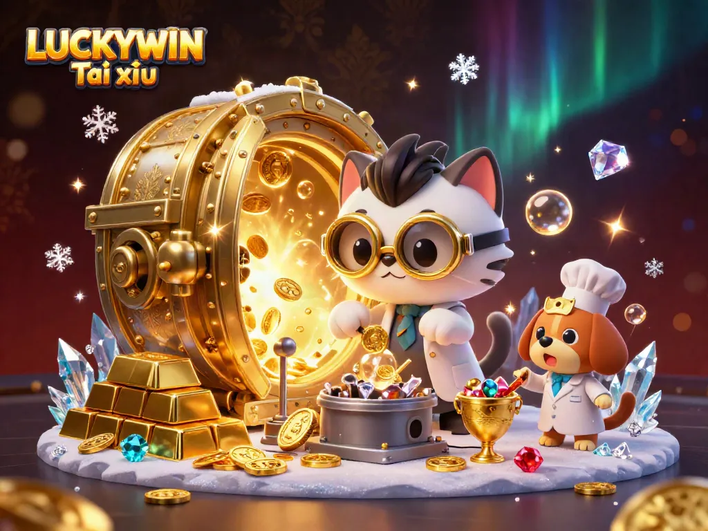 Experience LUCKYWIN Tài xỉu with a dynamic lab scene where a cat scientist creates treasures among gold and jewels.