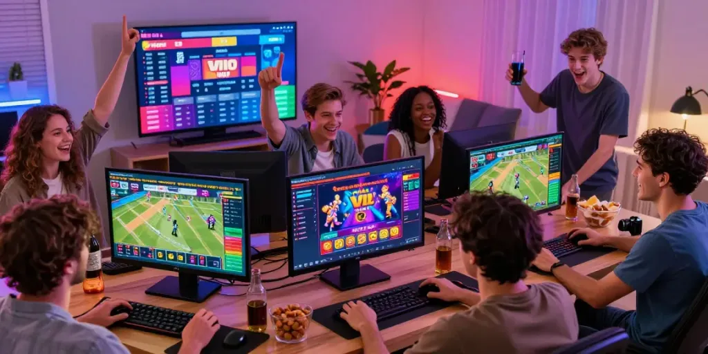 Engaged players enjoying thrilling games on https://man88.hair/ in a lively home environment.