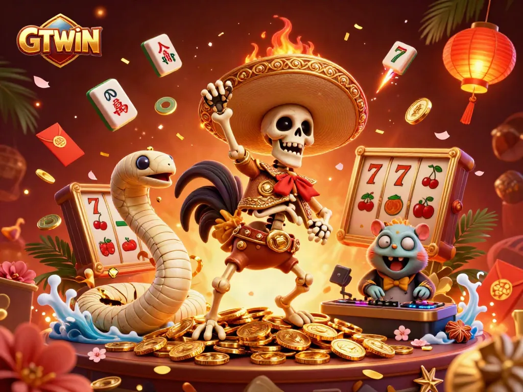 Experience the excitement of GTWIN casino games with vibrant characters and lucky symbols in a festive setting.