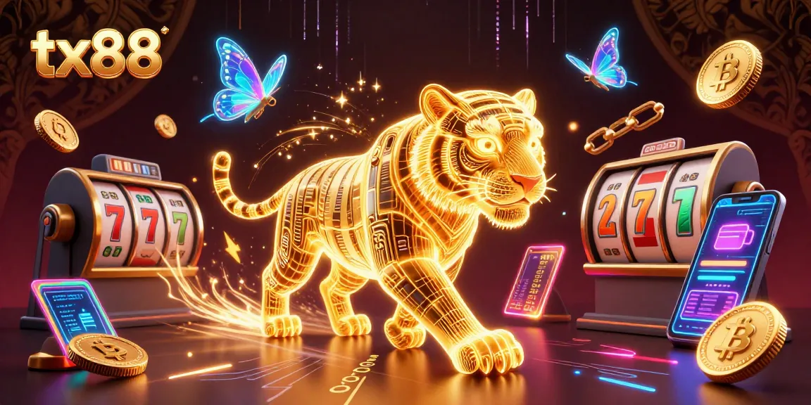 Win big at tx88 with a digital casino scene featuring a golden tiger and crypto elements.