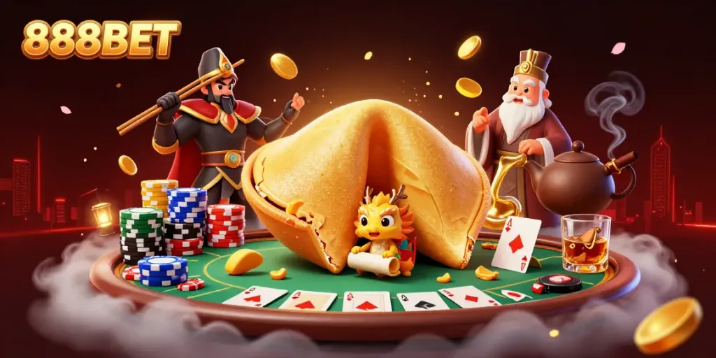 Engage in thrilling gaming at 888BET with a vibrant 3D casino scene featuring fortune elements.