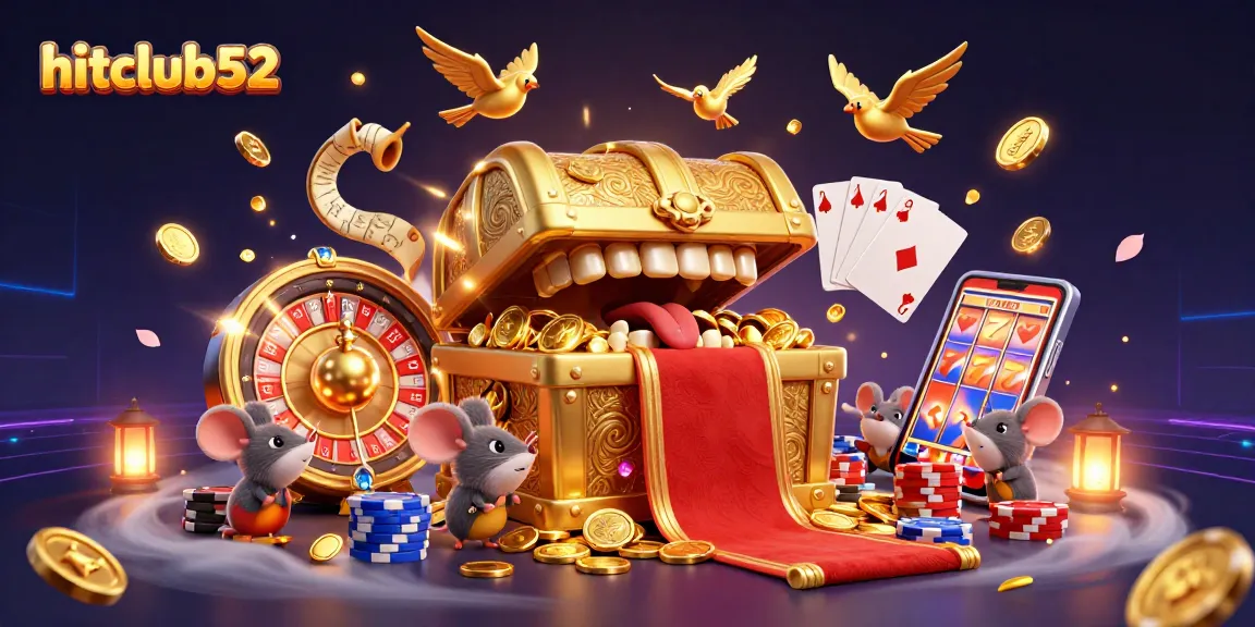Join hitclub52's thrilling gameplay, enjoy vibrant casino elements with spinning roulette, cards, and treasures.