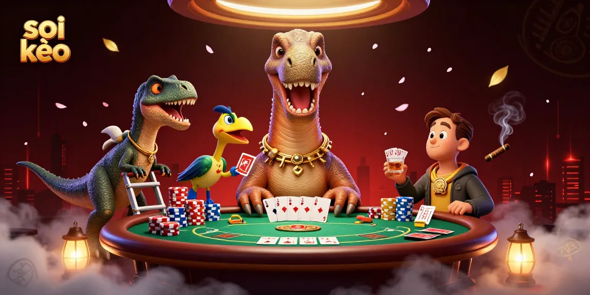 Engage in soi kèo strategy with a dynamic poker scene featuring unique characters in a casino setting.