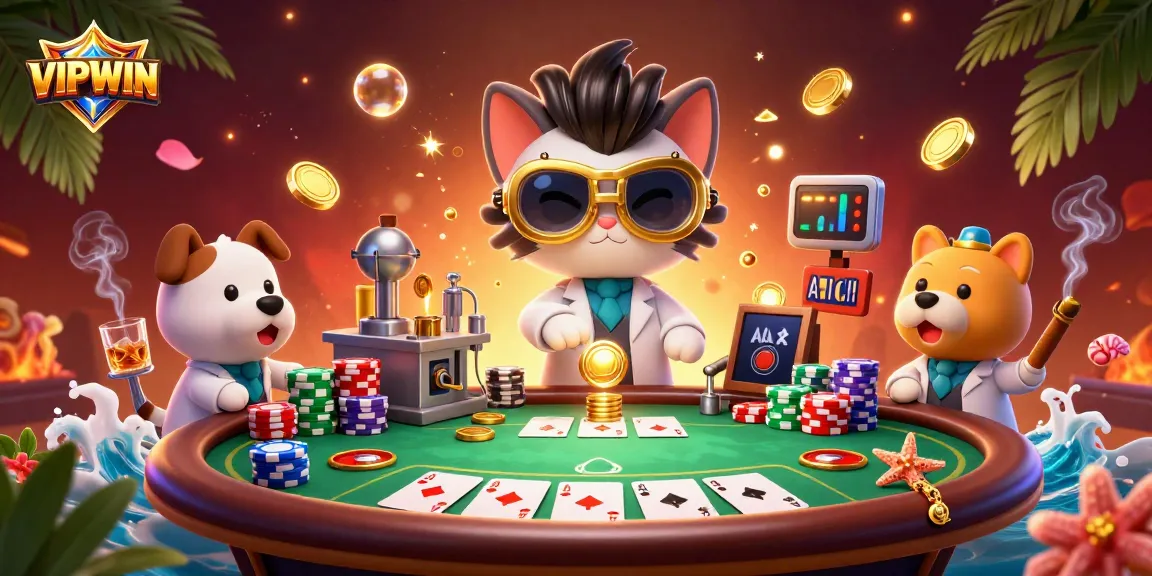Engage with VIPWIN at a lively poker scene featuring a mad scientist cat and his assistant.