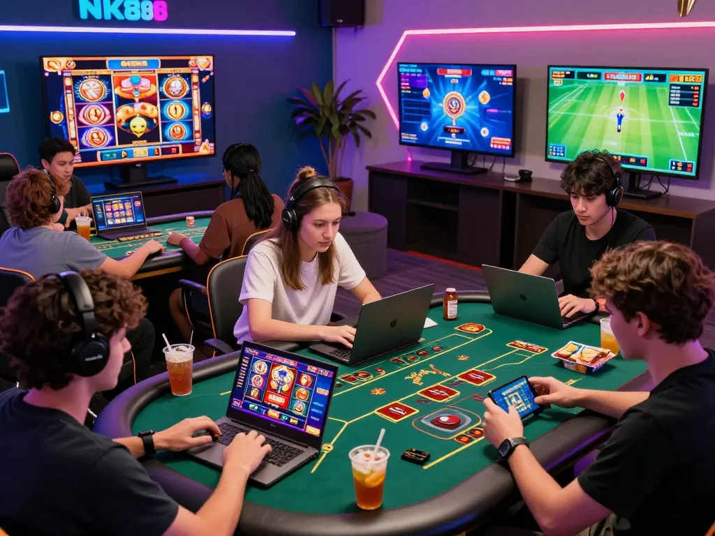 Engaging scene of players on NK88 gaming platform enjoying casino games and sports betting.