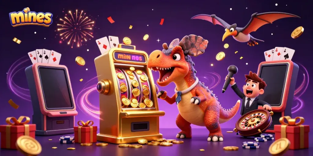 Watch a mines-themed pachycephalosaurus winning jackpot coins from a golden slot machine in a vibrant casino.