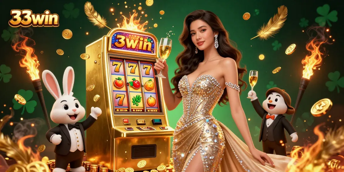 Celebrate wins at 33win with a glamorous casino scene showcasing a jackpot slot machine.