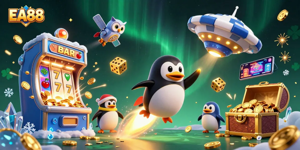 Experience thrilling gaming at EA88 with a golden penguin and jackpot action in a vibrant casino cosmos.