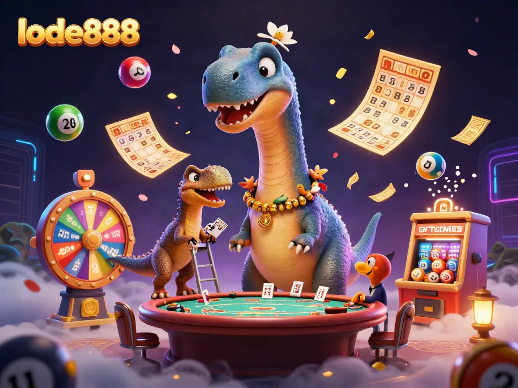 Experience thrilling moments at lode888 with a vivid casino scene featuring a brontosaurus and raptors.