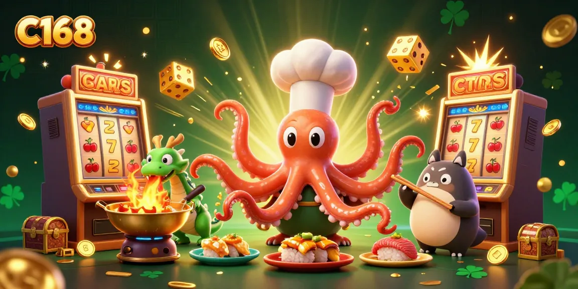 C168 offers thrilling jackpot wins with vibrant 3D illustrations featuring dynamic game elements and characters in a casino setting.