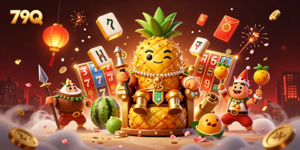 Experience exhilarating wins at 79Q with a captivating image of a pineapple king and vibrant casino elements.