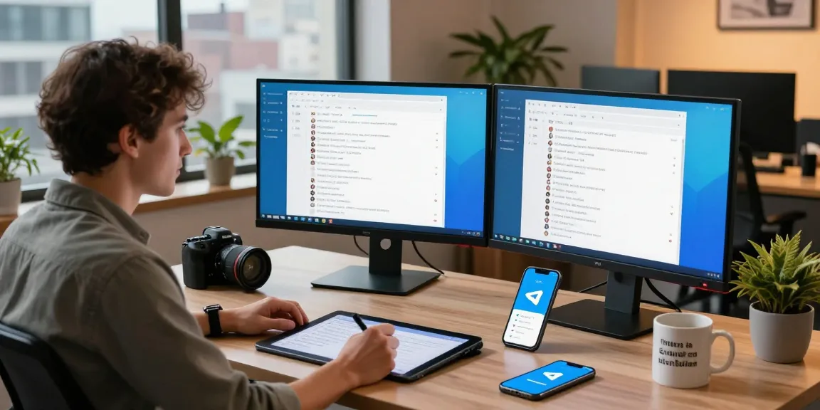 Analyzing Telegram Web Version features in a modern workspace with dual monitors and digital marketing tools.