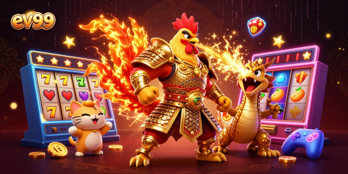 ev99's vibrant slot games come alive with a golden armored rooster and dragon hatchling.