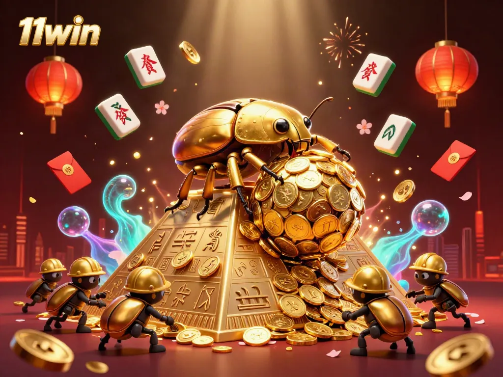Experience 11win in a vibrant 3D illustration featuring golden beetles and casino elements.