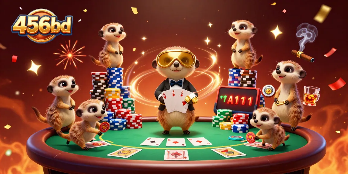 Experience the vibrant 456bd casino with meerkats playing cards and handling chips.