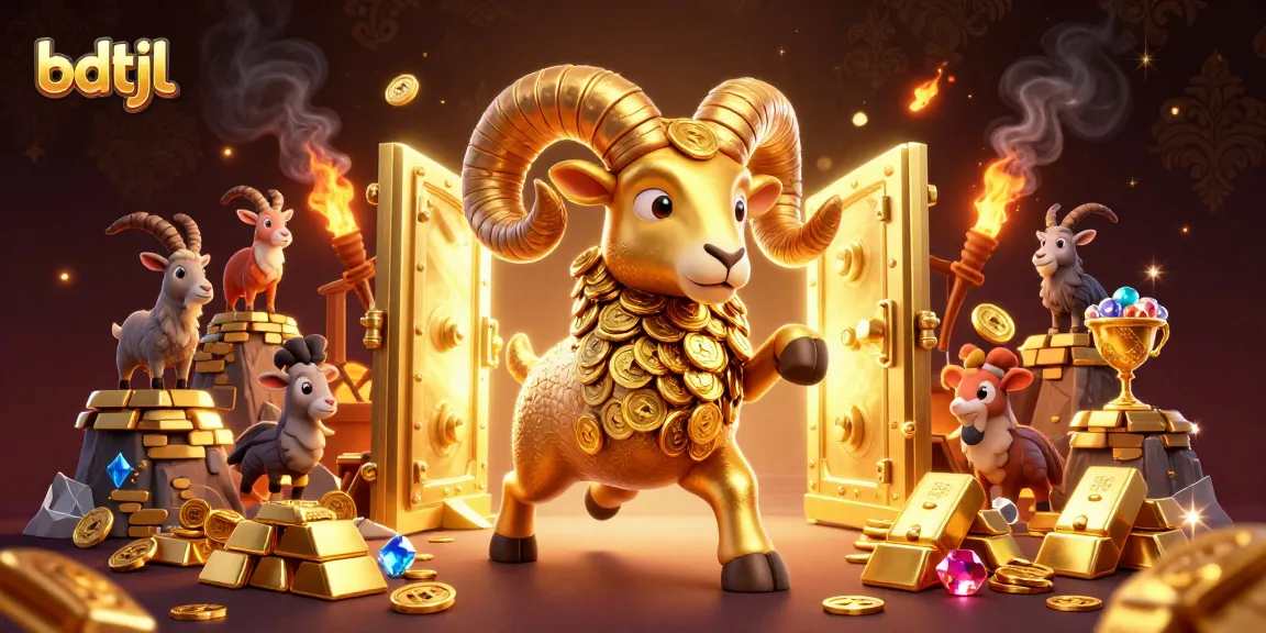 Experience the excitement of bdtjl with a golden ram charging toward fortune amidst piles of riches.
