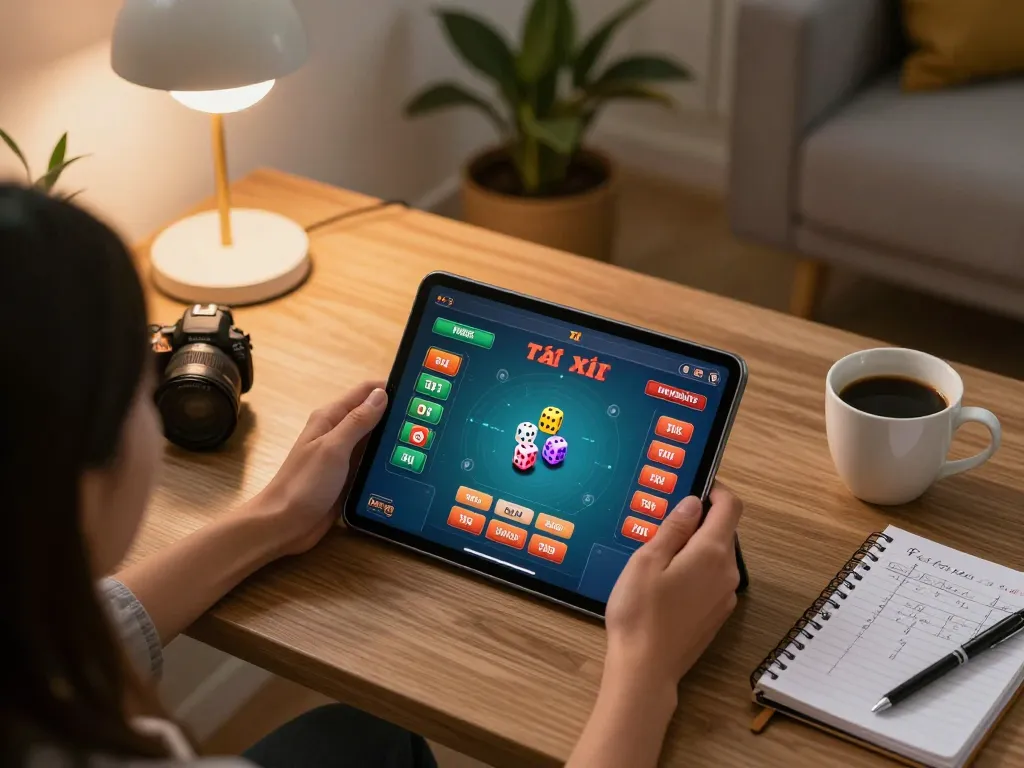 Player enjoying game tài xỉu on tablet, showcasing dice excitement in a cozy home setup.