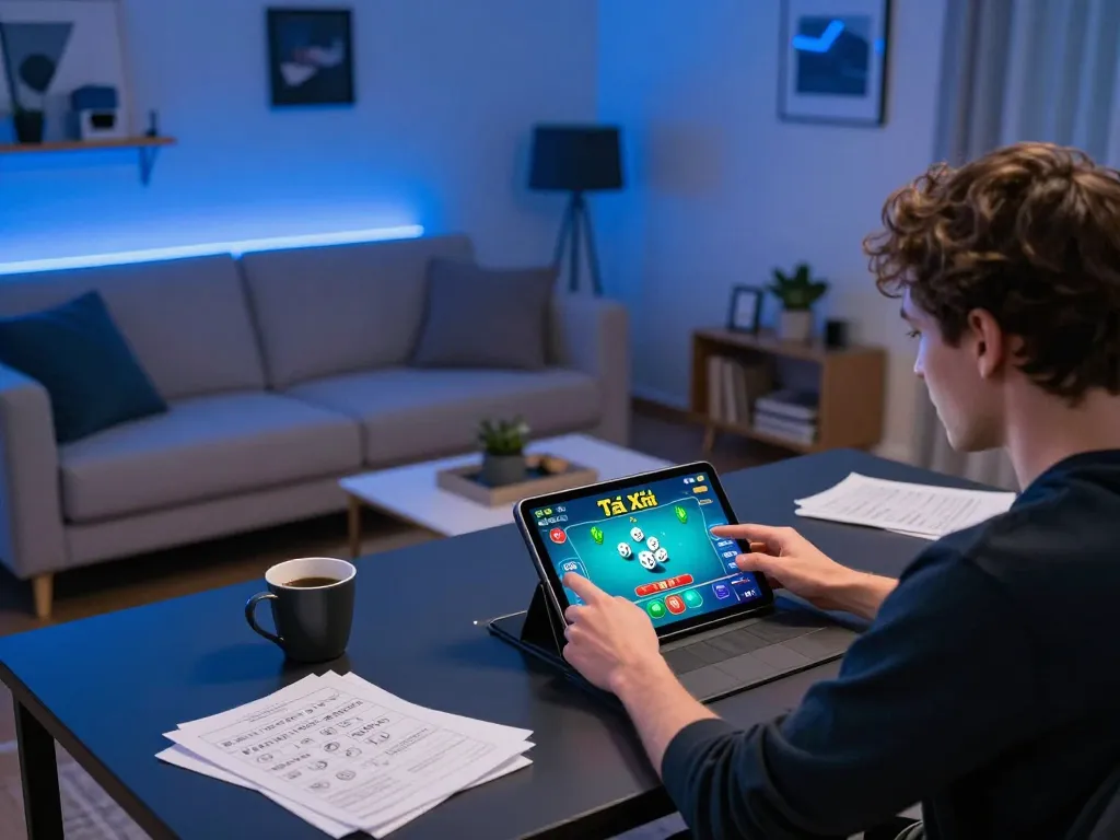 Tài Xỉu player enjoying an online game on a tablet in a cozy home setup