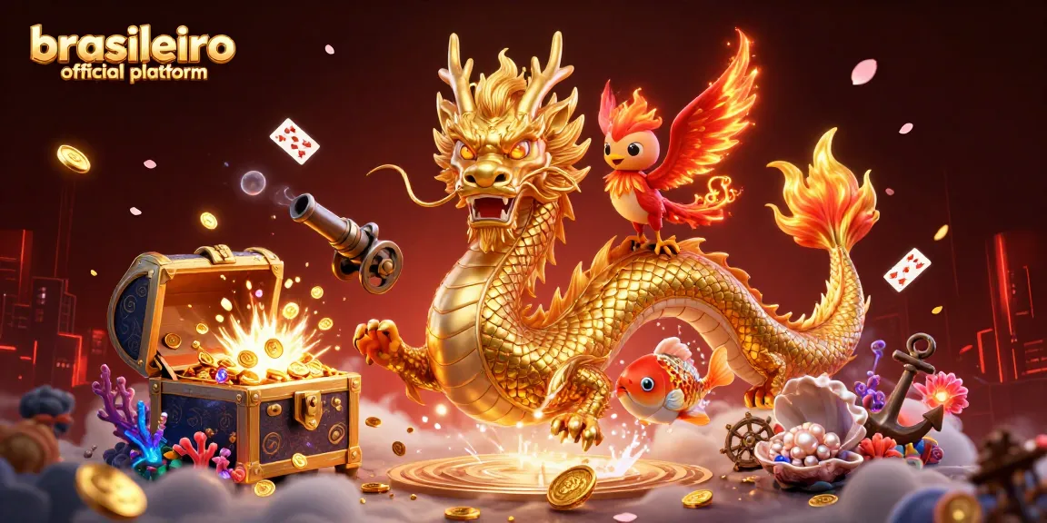 A dynamic scene showcasing the brasileiro official platform with a golden dragon and phoenix amidst colorful casino elements