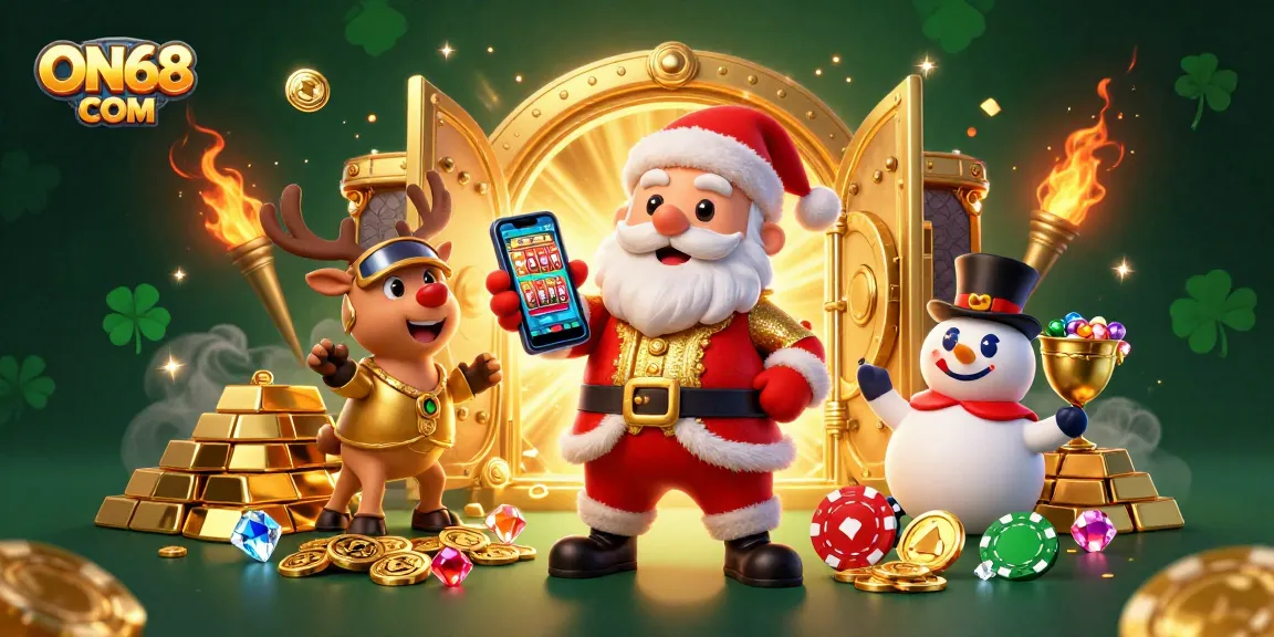 Experience thrilling jackpots at ON68 COM with Santa, his reindeer, and a snowman in a vibrant casino.