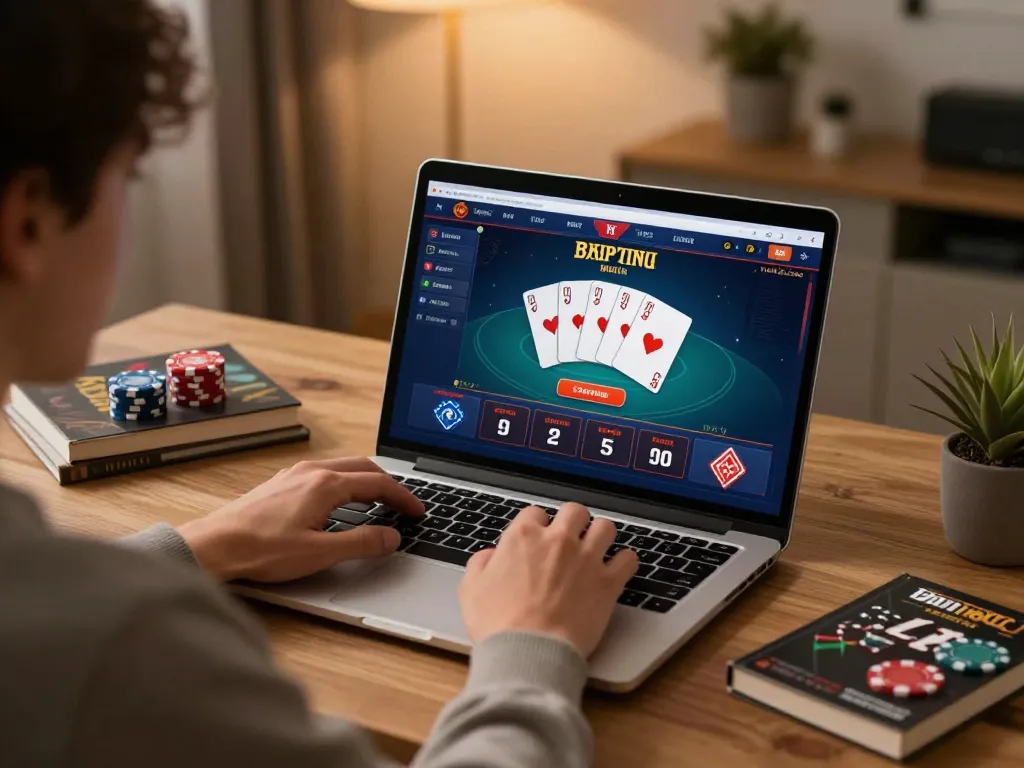 Engaging online gaming at Jun 88 with poker displayed on a laptop screen and cozy home setup.