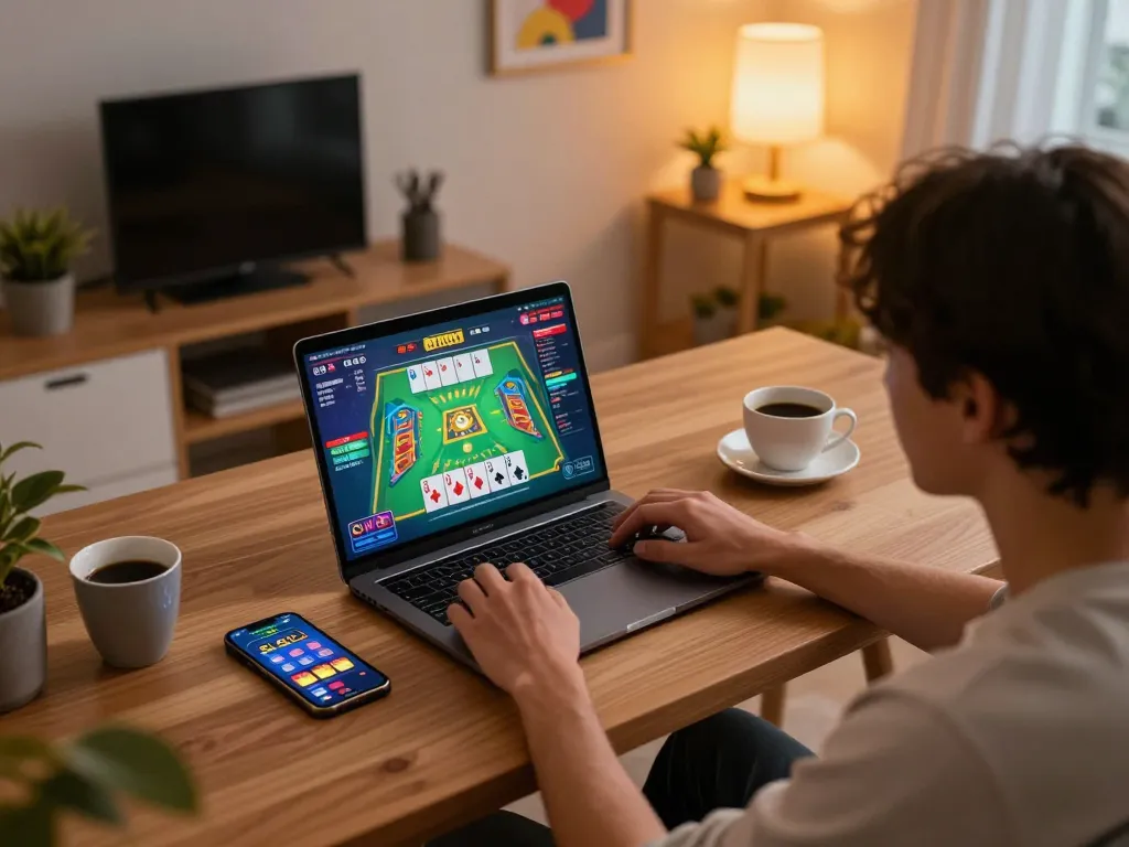 Player enjoying game bài on laptop at cozy home desk with coffee nearby