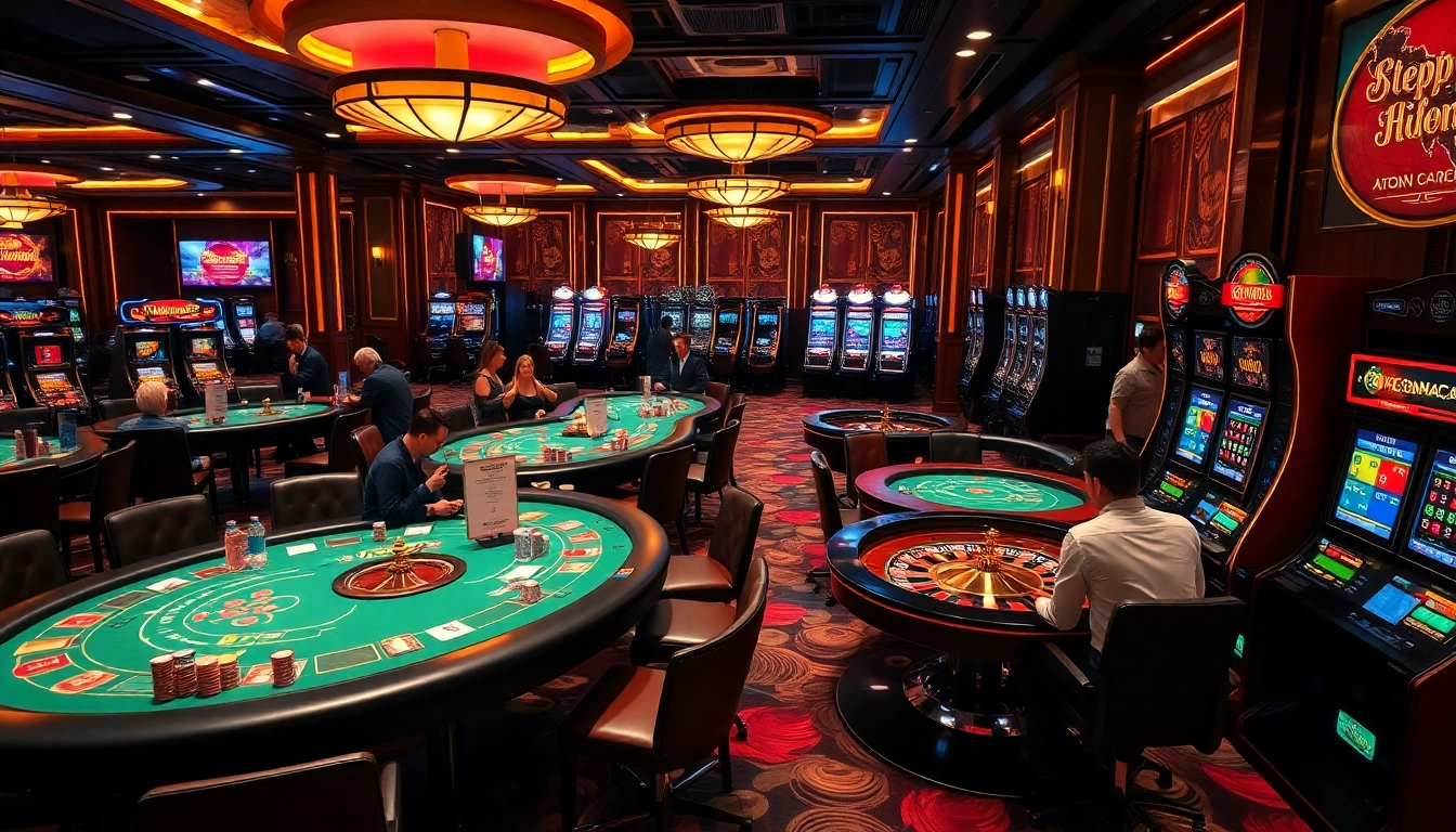 Keonhacai5 showcases an engaging casino environment with poker tables and vibrant slot machines.