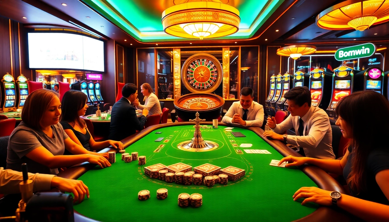 Bomwin enhanced gaming excitement at a luxurious casino with vibrant tables and eager players.