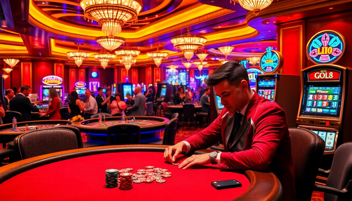 Gambling excitement at a luxurious casino, featuring professional players and vibrant go8-themed tables.