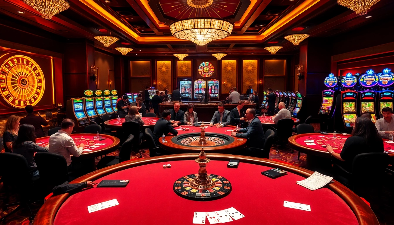 Players immerse in thrilling games at rikbet casino with vibrant poker tables and roulette.