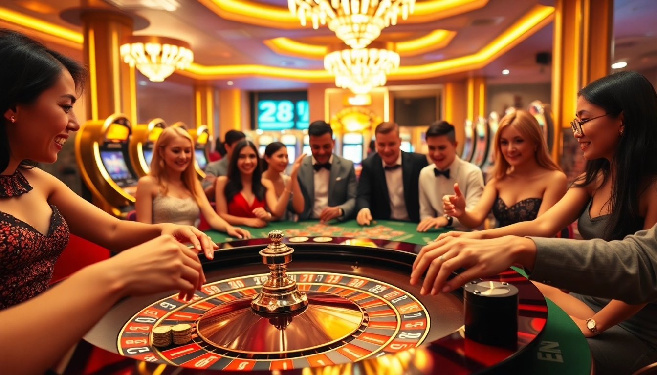 Players enjoying a thrilling game at 28BET casino tables with vibrant lights.