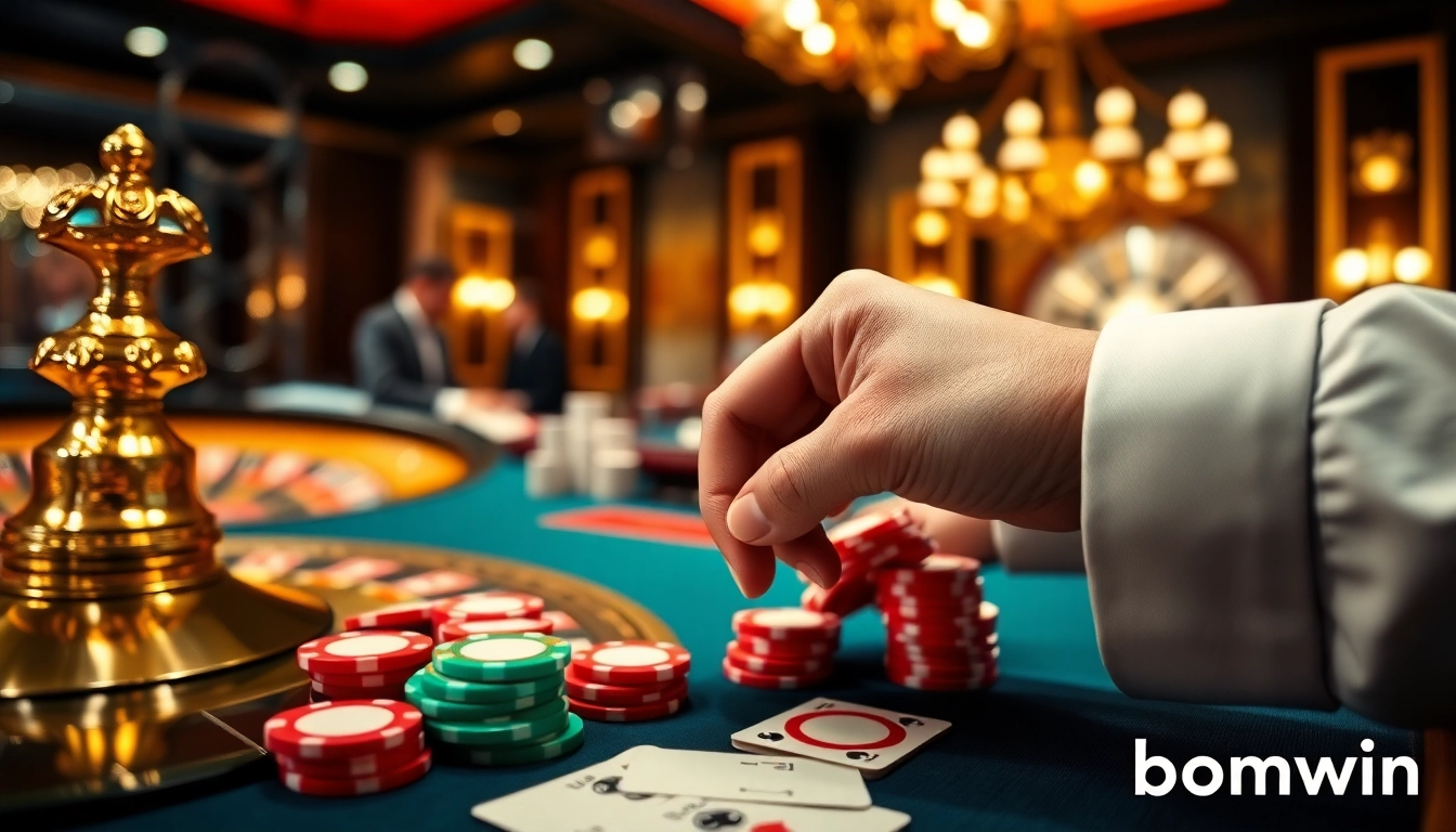 Experience thrilling gameplay at bomwin with vibrant poker chips and an elegant roulette wheel.