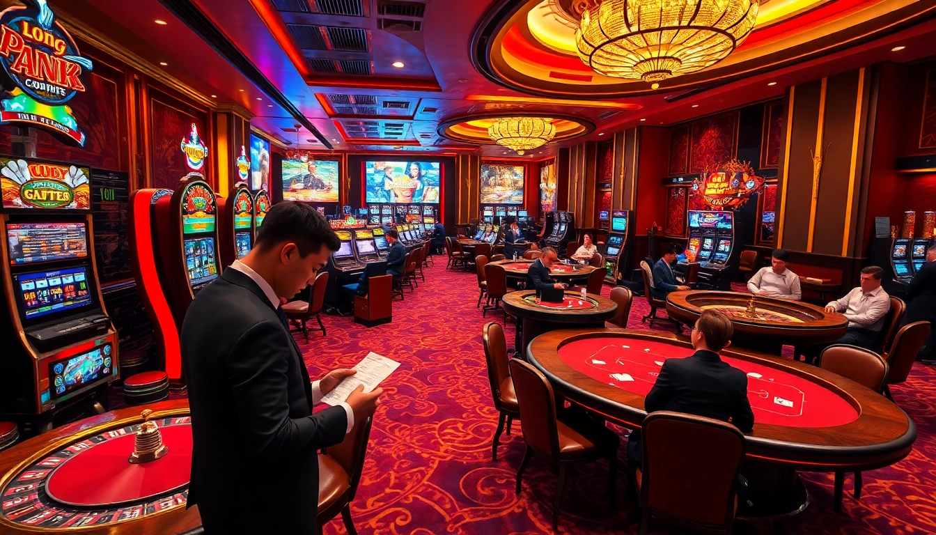 Exciting gaming action at Trang chủ win88 with players at poker tables and vibrant slot machines.