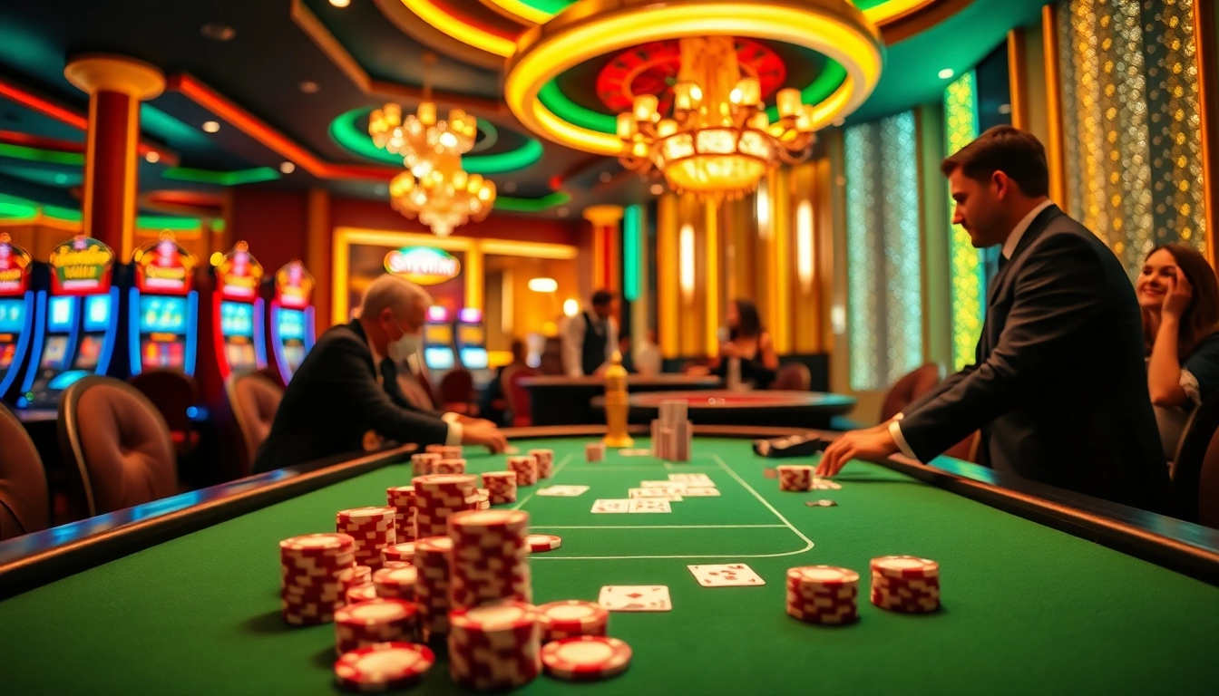 Players enjoying a high-stakes poker game at a luxurious casino table featuring sunwin-branded chips.