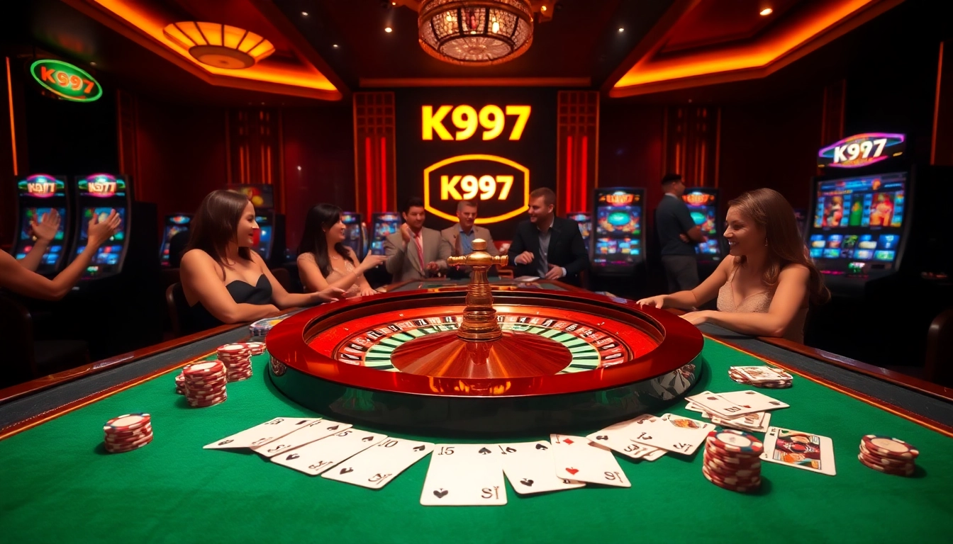 Jogadores do K997 curtindo uma partida de roleta, com cores vibrantes e atmosfera luxuosa.