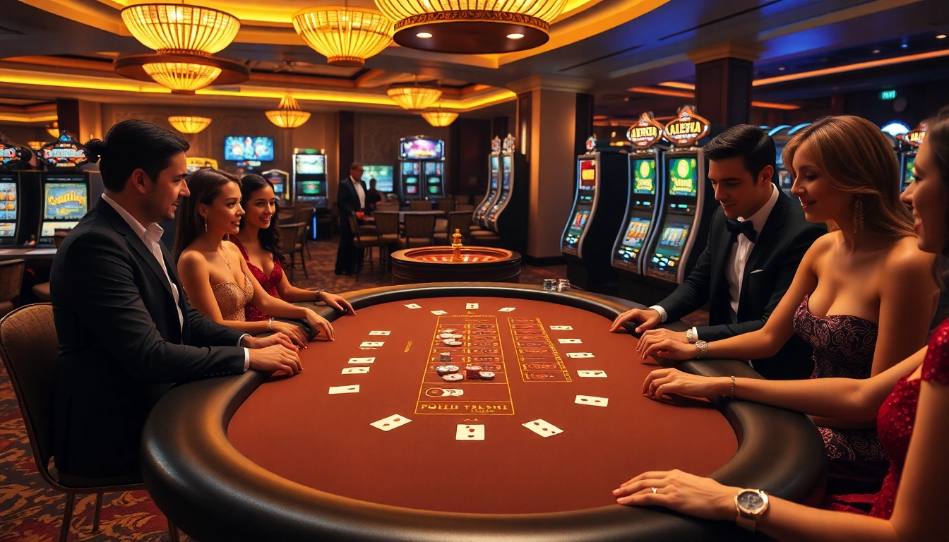 Jogadores desfrutam de um jogo empolgante na mesa de blackjack da C333, cercados por elementos vibrantes de cassino.