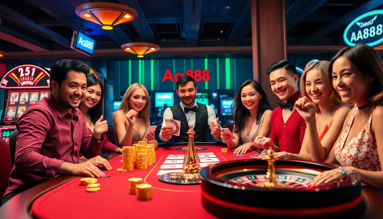 Jogadores participando de um emocionante jogo de pôquer no cassino AA888, rodeados por máquinas caça-níqueis vibrantes.