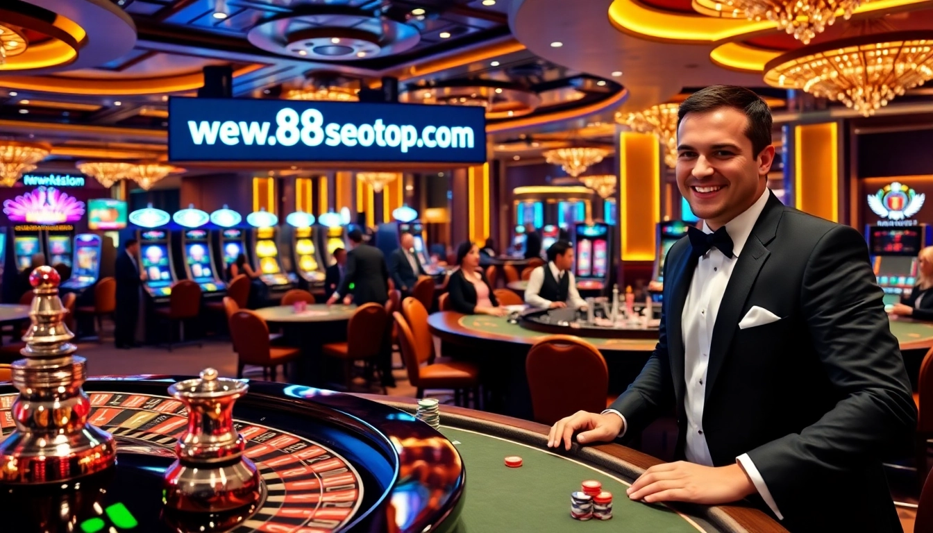Players enjoy a thrilling poker game at www.new88seotop.com casino, showcasing betting excitement and luxury.